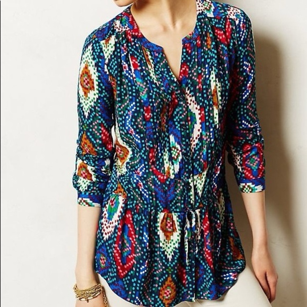 Anthropologie. Maeve Topoxte Geometric Ikat Button Front Tunic. Size 4.